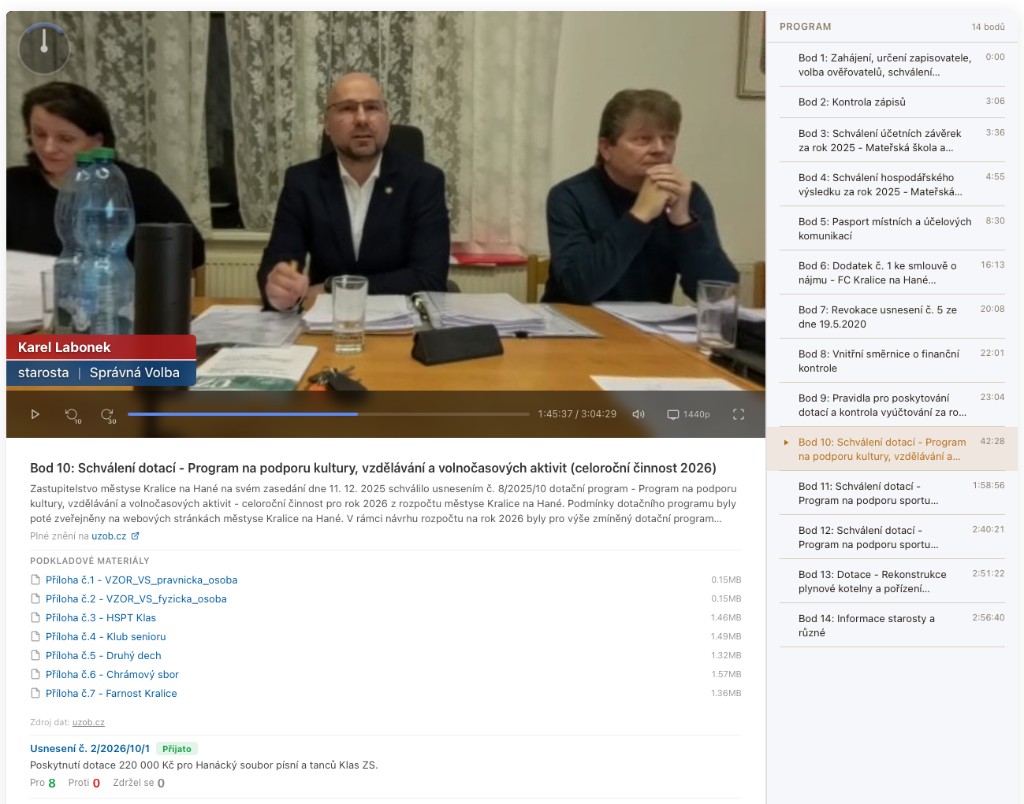 PublicStream 360 — ukázka přehrávače se zasedáním zastupitelstva Králic nad Hanou